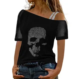 Yaz kafatasları baskı goth tshirt gotik kadınlar seksi parıltı kısa kollu üstler punk stil kapalı omuz tişört femme blusas 240415