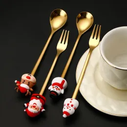 Christmas Spoon Fork Set Elk Christmas Tree Tableware Stainless Steel Coffee Spoon Tea Spoon Dessert Scoop Xmas Decor Gift