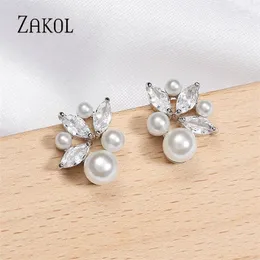 Orecchini per borchie Zakol Elegante imitazione bianca-pearl per donne Shiny Zircone Leaf Orecchino da sposa Cena di gioielleria