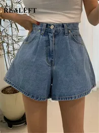 Realft High midja tvättade kvinnor denim breda ben shorts sommarknappar avslappnade kvinnliga blå jeans byxor fickor 240415