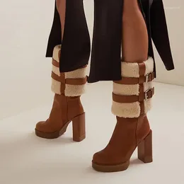 Botlar Kahverengi Platform Süet Yuvarlak Toe Lambswool Ayakkabı Tıknaz Topuk Orta Kalf Öngen Kış Sıcak Vintage Kadınlar Kauçuk taban