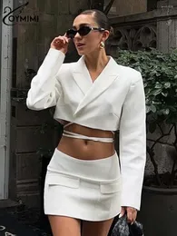 Рабочие платья Oymimi Fashion White Two Piece Set для женщин Элегантные с длинным рукавом урожайные топы и наборы с низкой талией.