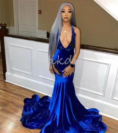 Seksi Derin V Boyun Balo Elbiseleri 2024 Denizkızı Kraliyet Mavi Gizli Elbise Güney Afrikalı Siyah Kadın Töreni Resmi Durum Partisi Gowns Vestidos De Noite