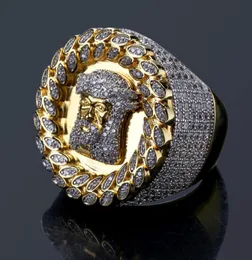 Luxury Men Gold Tone Hip Hop Jesus Face Ring Micro Pave Cubic Zirconia Simulated Diamonds Rings Size712 Bling Bling Jewelry5341486