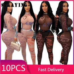 Zweiteilige Hosen für Frauen 10 Trailsuits 2024 LangarmbodySuit Legging Bulk Gegenstände Großhandel Lose Lose Druckset Frauen Outfits S13236