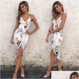 Grundläggande avslappnade klänningar Slip Dress Women Floral Print Y BodyCon Strap V Neck Sleeveless Split Sun Summer Beach Boho Party Vestidos Dro Dhu2h