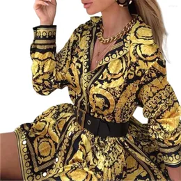 Casual Dresses Women Autumn Clothes Floral Vintage Lapel Long-Sleeves Form-Fitting Skirt With Button Open For Ladies