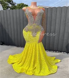 Luxury Yellow Black Girls Prom -klänningar 2024 Diamond Crystal Mermaid aftonklänning en axel paljett långärmad formell klänning vacker pärlstav vestido de mujer