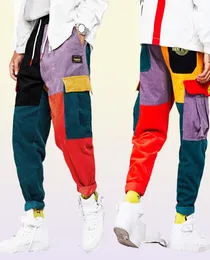 2019 Vintage Renk Bloğu Patchwork Corduroy Kargo Harem Pant Sokak Giyim Harajuku Jogger Swearpant Pamuk Pantolon15156099