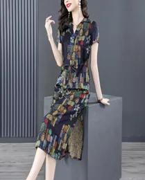 8810 YM Ladies New Summer Loose Dresses Vneck Short sleeve Printing Women Fashion Rayon Sideslit Dress With Pockets MXXXL9838961