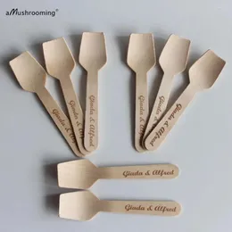 Forniture per feste 100 pezzi Nome personalizzato Favo di matrimonio Spoon Anniversario Cake Ice Cream Cake Mini Biodegradable Wood