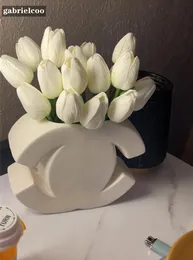 Luxury ceramic vase designer classic logo shape white vase INS style floral vase cream style Nordic Dining table decoration vase home entrance ornaments