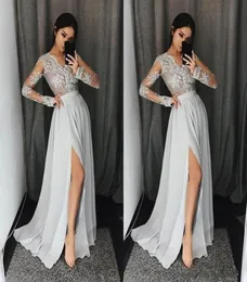 2018 Sliver Prom Dresses v Neck Long Sleeves Lace Sexy Sexy Side Side Divide Brods Aribic Cheap Prom Party Dress 4703323
