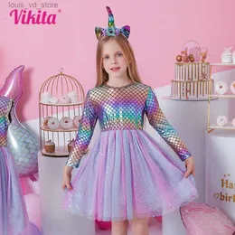 Vestidos de menina Vikita Girl Mermaid Ligentes Tutu vestido de vestido de bola de bola de aniversário Danç para garotas Meninas com a princesa elegante vestido de festa T240415