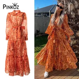 Pinkoz Runway Designer Summer Spring Orange Stampato Maxi Abito Single Single Sfrigeta Lancia Long Party Holiday Vestitidos Sashes 240410