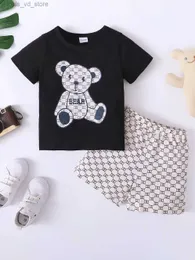 Clothing Sets 2PCS Kids Boys Summer Clothing Set Bear Print T-shirt + Wave Point Shorts Fashion Casual Sports Suit for Children Boy 1-6 Years T240415