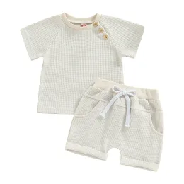 ショートパンツヴィスゴゴ男の子の女の子の夏の服2pcs衣装半袖ワッフルニットTシャツ +ノットフロントショーツセットカジュアルトラックスーツ