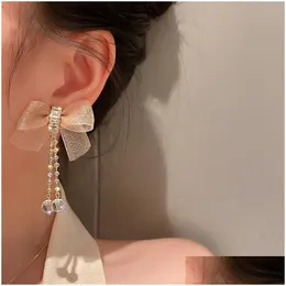 Dangle Chandelier Korean 2022 Summer Trendy Cloth Bow Crystal Tassel Earrings For Women Sweet Jewelry Elegant Long Pendientes Drop Del Dhqkq