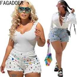 Fagadoer Fashion Diamonds Diamonds Tassels Shorts Women High Phecked Beock Slim Jean أنثى غير رسمية مطابقة