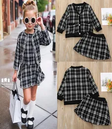 Baby Girls Fashion Cardigan Casat Plaid Clothing Set Jacketshort Dress Kids Kids Boutique Boutique Spring Clothes Soites Crianças roupas 4639007