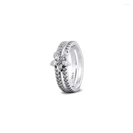 Klusterringar autentiska 925 sterling silver ring glittrande snöflinga dubbel bröllopsengagemang för kvinnor fina smycken bijoux femme