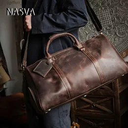 أكياس حفاضات Nasva Leather Mens Facs Vintage Travel Duffle Bag Bag Bag Bags Messenger Bags حقيبة أمتعة مع مقصورة الأحذية L410