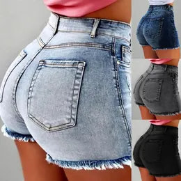 Summer Shorts Women Jeans High Waist Denim Fringe Frayed Ripped for with Pockets 240415