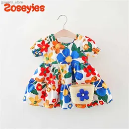 Girl's Dresses 2 Pieces/Set Free Woven Bag 2023 New Summer Baby Girl Dress Tropical Print Beach Ins Short Sleeve Daily Wear Y240415Y240417IOHF