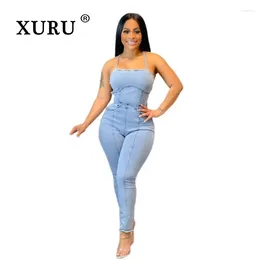 Women's Jeans XURU European And American Leisure Fashion Slim Fit Open Back Spliced Bandage Cowboy Jumpsuit N7-6060