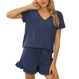 Women's Tracksuits Pajamas Set For Female Two-Piece Ruffle V-Neck Short Sleeve Drawstring Nightwear Pure Color Loungewear