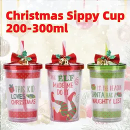Tassen 201-300ml kreativer Weihnachtsiegel Sippy Cup mit Deckel Strohmädchen Recycelbare Flasche Plastik Wasser Glasstrich Becher Geschenk Kid Party Party