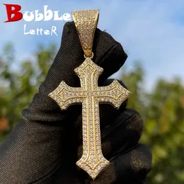 Bubble Letter Iced Out Cross Pendant Necklace for Men Prong Setting Bling Charms Real Gold Plated Hip Hop Jewelry 240411