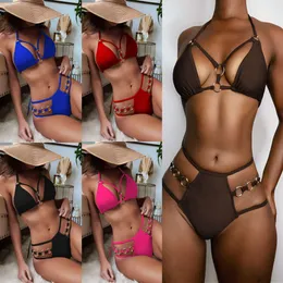 2024 solid color bikini womens split swimsuit triangular steel ring bikini