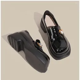 Casual Shoes Black Thick-Soled Loafers Women Patent Leather Rhinestone Deep Mouth Slip-On 5cm Low Heels Platform