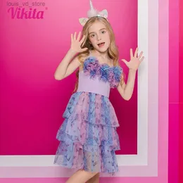 Vestidos de menina Vikita meninas vestido sem mangas Kids Sling Lace Mesh Tulle Tutu Princess Dresses Girl Starfish Print Floral Birthday Party Dress T240415