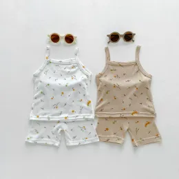 Shorts Baby Girls Retro Floral Sling Tshirt Suit Girl Sleeveless Casual Vest Tops And Shorts Set Breathable Cotton 2pc Home Clothing