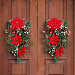 Decorative Flowers Christmas Wreath Door Hanging Red Flower Garland Pine Needle Ornament Rattan Navidad Windown Xmas Shop Mall Year