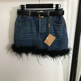 Shenzhen Womens Fashion Feather Splicing Skircing Gonna Denim avvolto con cintura blu