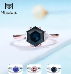 Kuololit Hexagon London Blue Topaz Gemstone Ring for Women Soid 925 Sterling Silver Tanzanite Morganite Jewelry for Engagemen