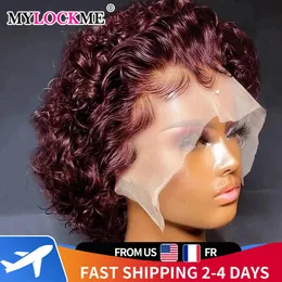 Korta peruker Human Hair Curly Human Hair Wigs 99J Pixie Cut Wig 13x1 Transparent spets peruk förpluckade hårfäste peruker för kvinnor 240409