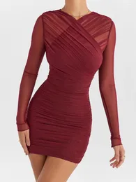 Lässige Kleider europäische und amerikanische Frauenkleidung Voile Voile Sheer Long Sleeve Kleider Mode sexy eng geraumte Bodycon Herbst Wein Rot