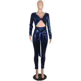 Damen Jumpsuits Rolpper y Shiny Bandage Jumpsuit Frauen Körper Overalls Ein -Stück -Club -Outfit Skinny Long Sleeve Bodycon Drop Lieferung a Dh4aq