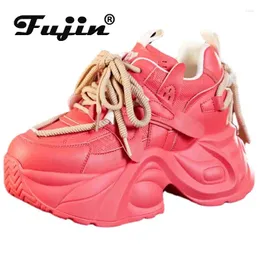 Casual Shoes Fujin 8cm Air Mesh äkta läder Autumn Women Comfy Ankle Chunky Sneaker Flat Booties Boots Spring Summer Mixed Color