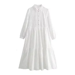 Traf broderi vita klänningar kvinna klippt ut midi skjorta klänning kvinnor ruffle sommarstrand lång lös casual 240415
