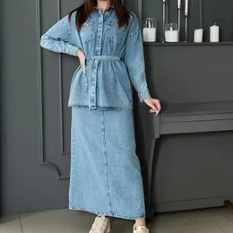 Two Piece Skirt Sets Women High Waist Long Denim Skirts Button Full Sleeve Splice Jeans Coats Pocket Lace Up Loose Fit 240415