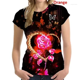 Men's T-skjortor 2024 Women's Fashion Rose Flowers Shirt 3D Butterfly Printed Tshirt Löst kort ärm T-shirt Casual Plus Size Top