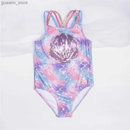 One-Pieces Fishscale Bandage Girls Kids Swimsuit 2023 Shell Shape Embroidery Children Girls One Piece Swimwear Beach Wear Monokini Y240412