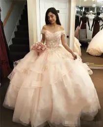 Blush Pink Ballgown Quinceanera Dresses Elegant Off the Shoulder Luxury Beaded Lace Applique Tiered Tulle Sweet 16 Birthday Party Prom Dress