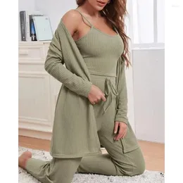 Kvinnors tvåbitar byxor ensemble femme hemkläder set casual pyjamas ribbed spaghetti rand väst dragstring med kofta kvinnor 3 stycken