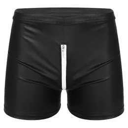 Män sexiga underkläderbyxor dragkedja Crotch Faux Leather Boxer Low Rise Elastic Waistband Shorts Nightclub Stage Performance Costume 240410